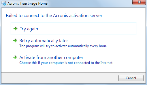 acronis true image failed to connect to the acronis server