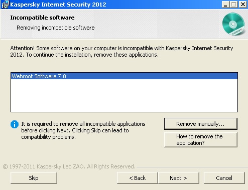 Kaspersky Plus vs Webroot incompatibility message