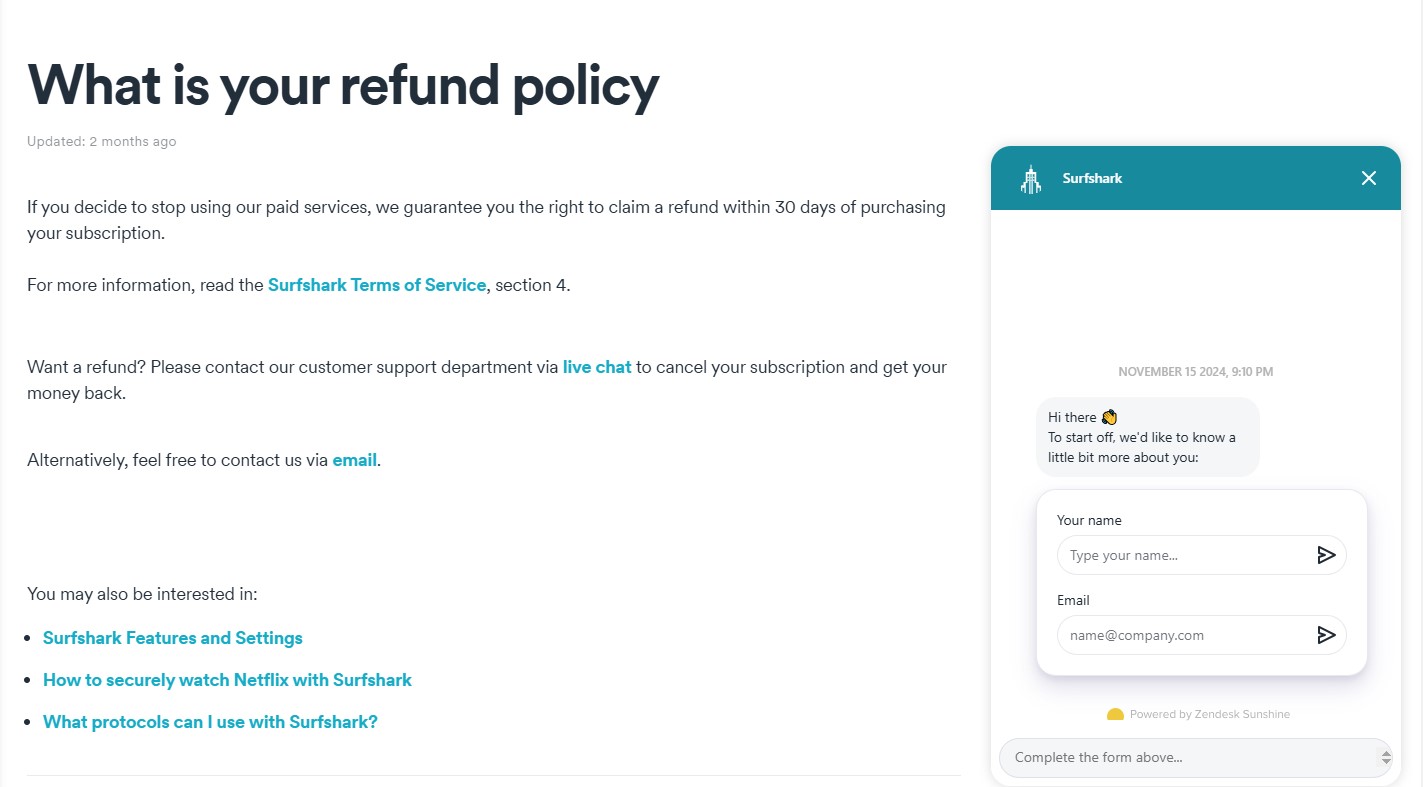 surfshark 1 year plan refund request