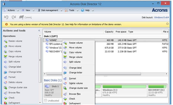 acronis disk director features tabs