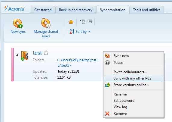 acronis local folder synchronization example