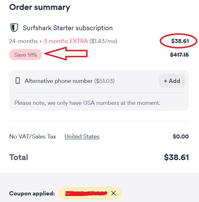 The biggest Surfshark VPN discount code applied with 91% off
